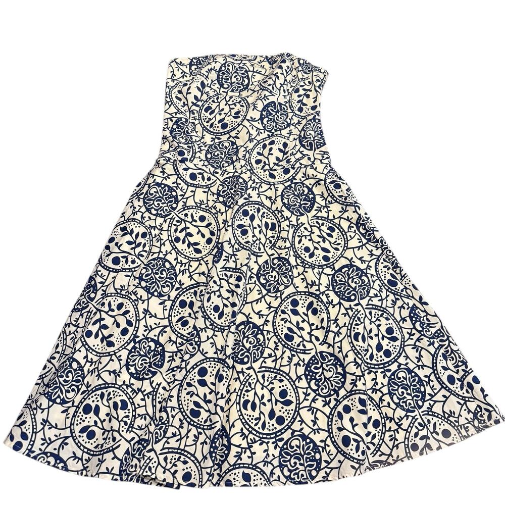 Anthropologie Strapless Cream Dress with Navy Medallion Print